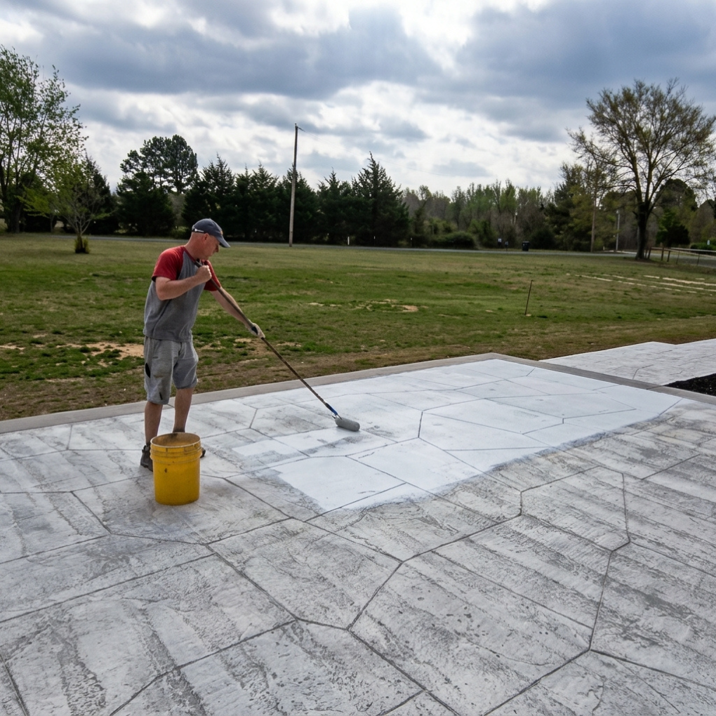 Refinishing driveway with cement based rollable microtopping to refurbish the color and surface