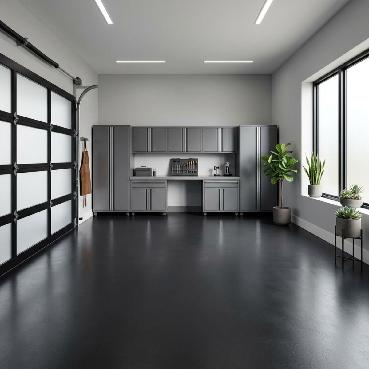 Black solid color epoxy floor coating on concrete with high gloss polyaspartic finish for garage or workshop
