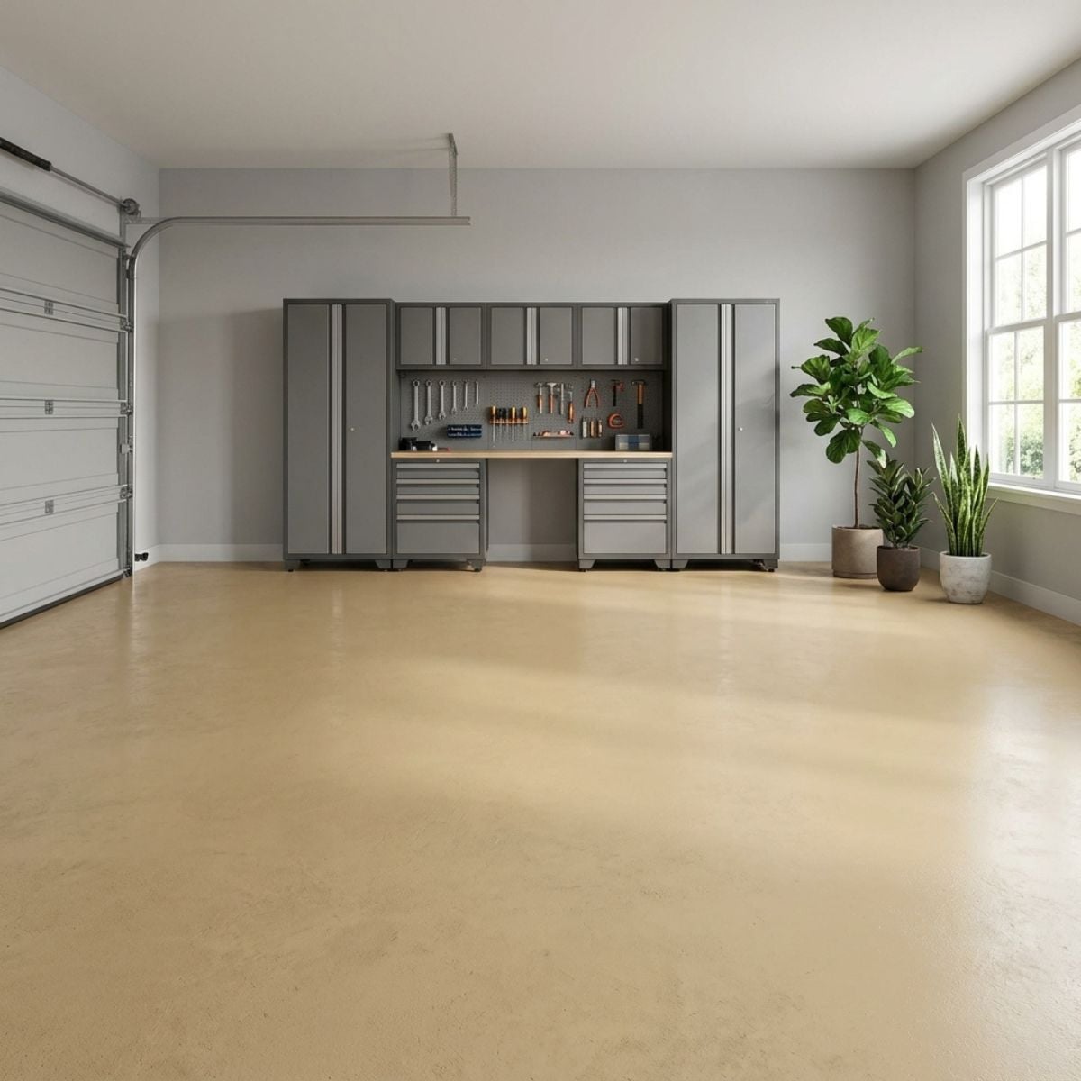 Champagne warm tan solid color polyaspartic epoxy floor coating — light neutral finish that brightens a space