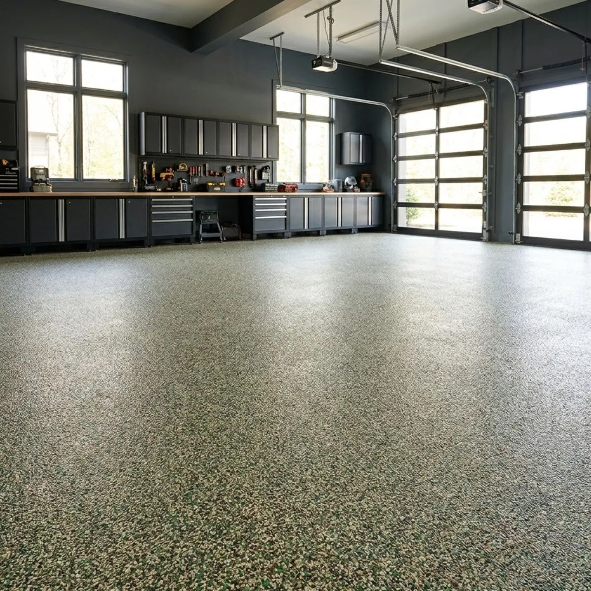 Classic Camo vinyl flake garage floor with green brown and tan chip broadcast over dark gray base coat