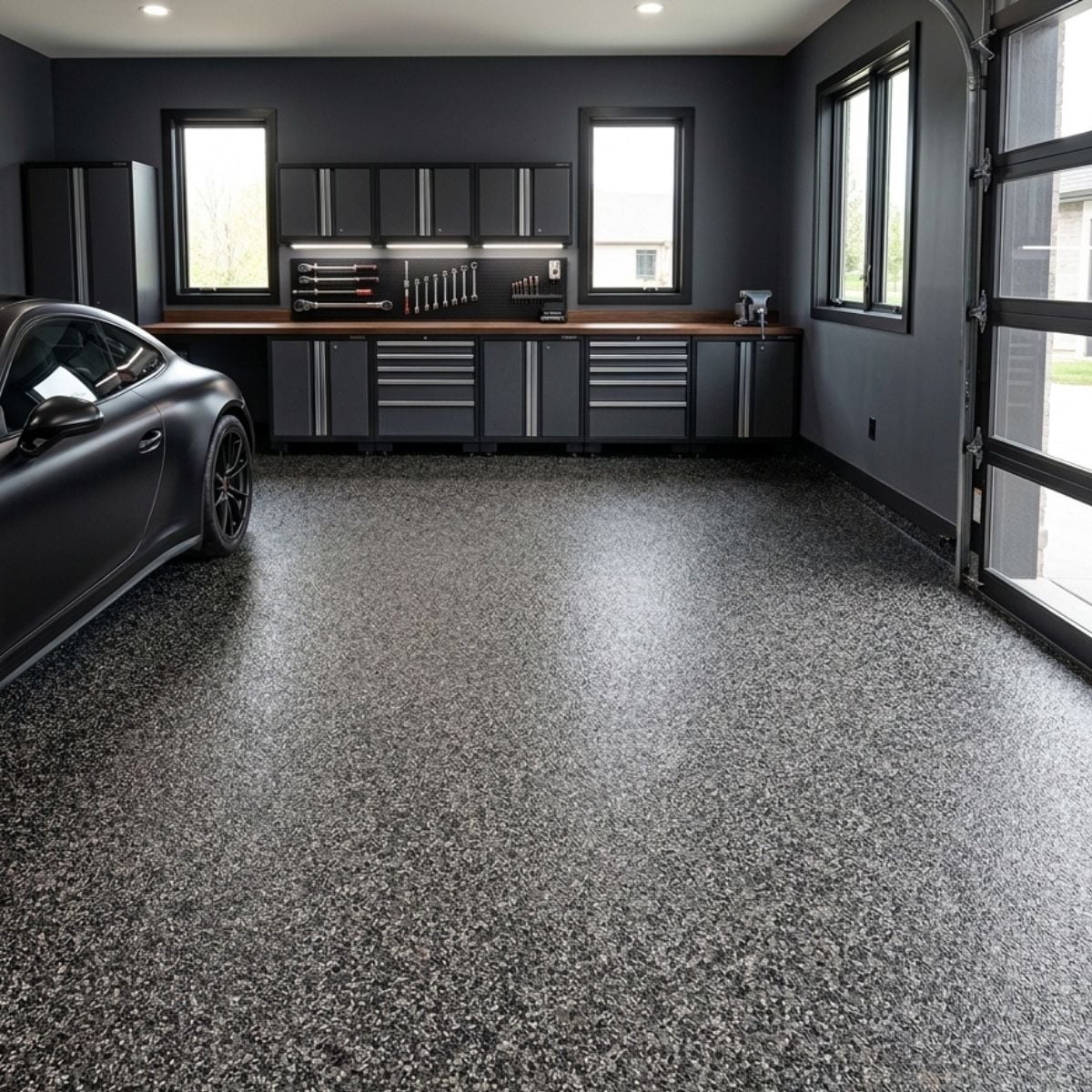 Earl Grey vinyl chip flake garage floor coating with gray and white broadcast chips over black tinted epoxy base coat