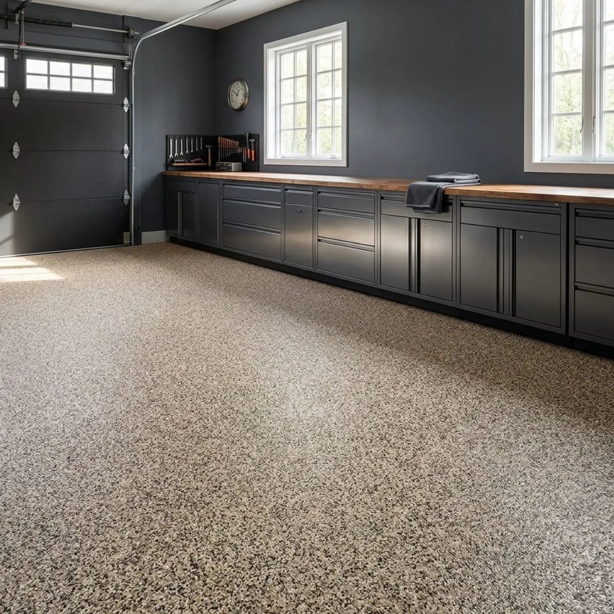Earthen vinyl chip flake floor with tan and brown multicolor flake broadcast over whey tinted epoxy base
