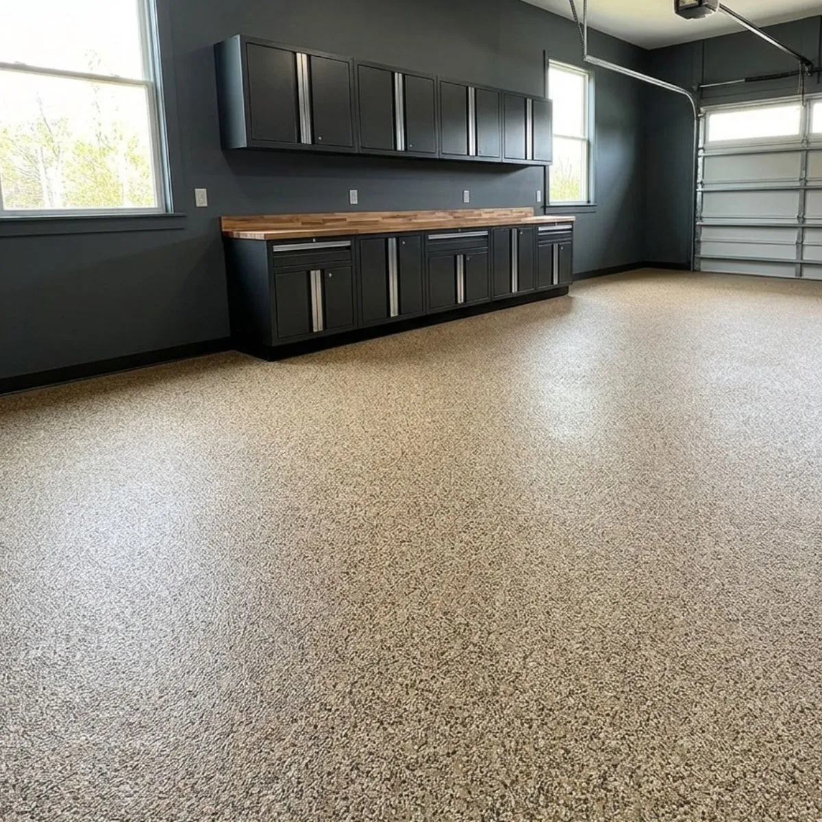 Military tan and brown vinyl flake garage floor with full chip broadcast over light gray epoxy base coat