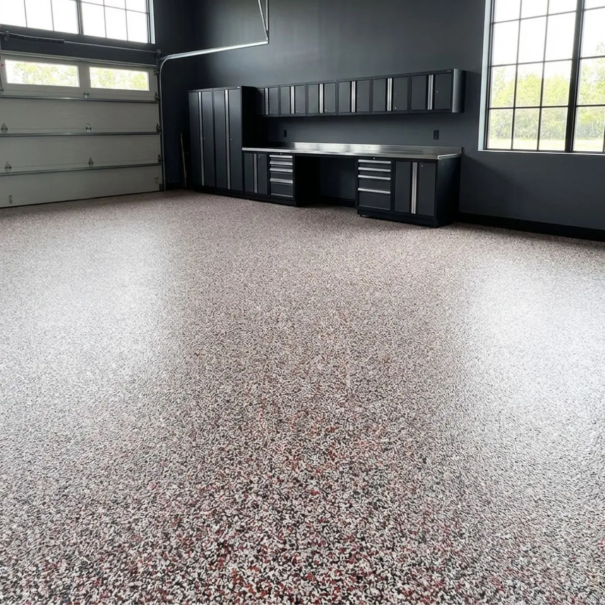Mod vinyl chip flake garage floor with red black and white chips broadcast over aztec red tinted base coat