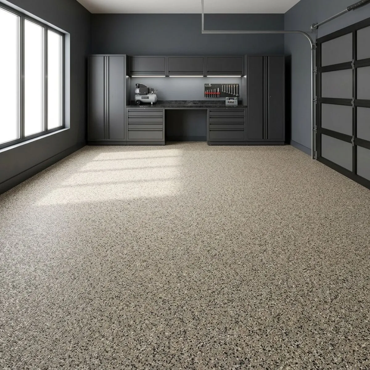 Neutral gray vinyl chip flake floor with gray and white chip broadcast over medium gray epoxy base coat