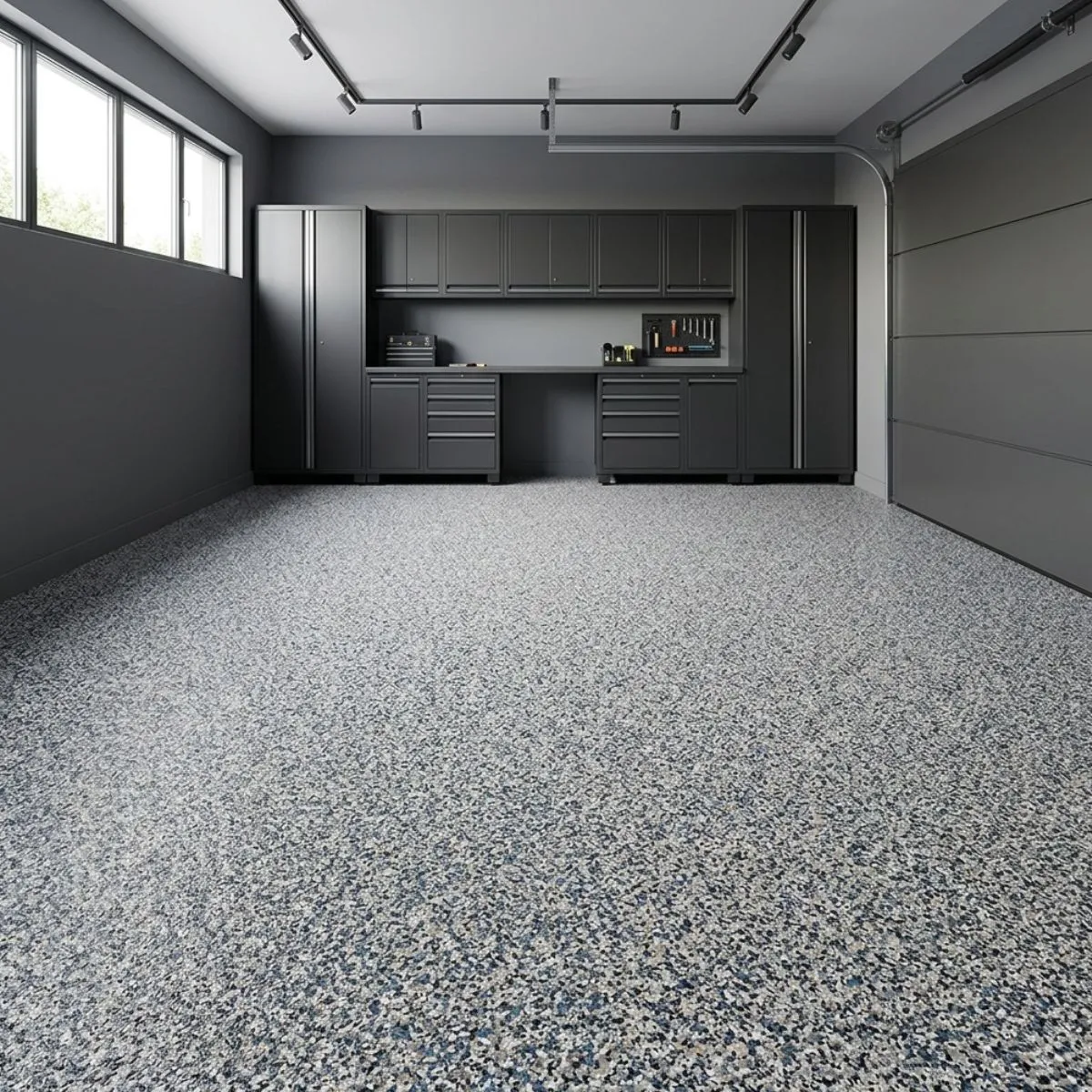 Overcast Sky blue and gray vinyl flake garage floor with chip broadcast over sapphire blue epoxy base coat