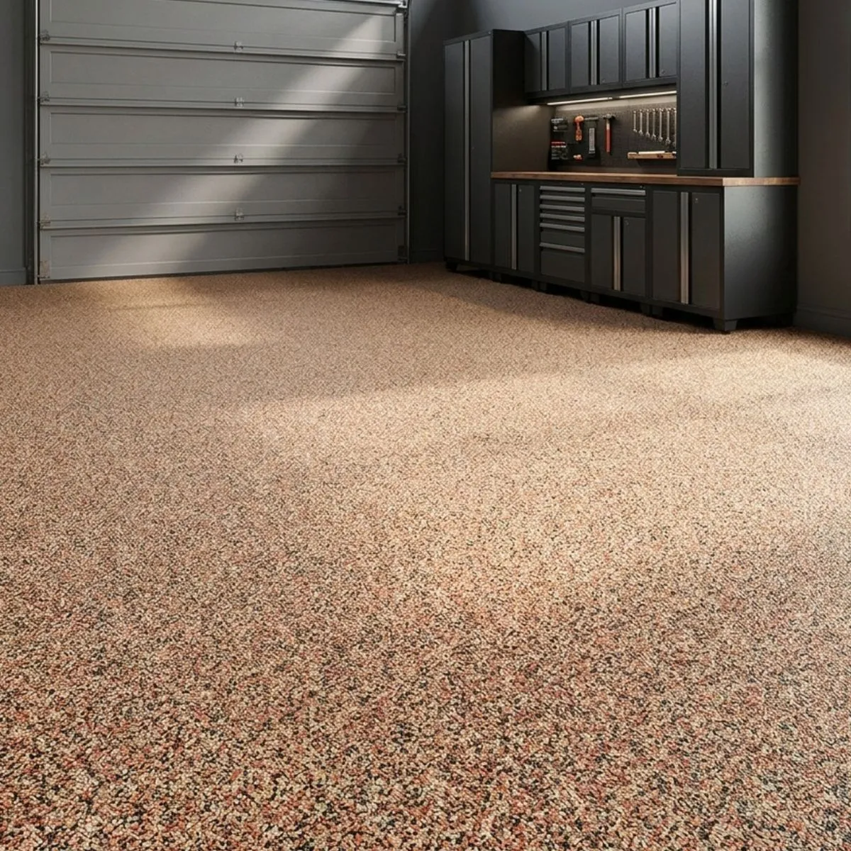 Pumpkin orange and brown vinyl chip flake floor with warm chip broadcast over coronado tinted base coat