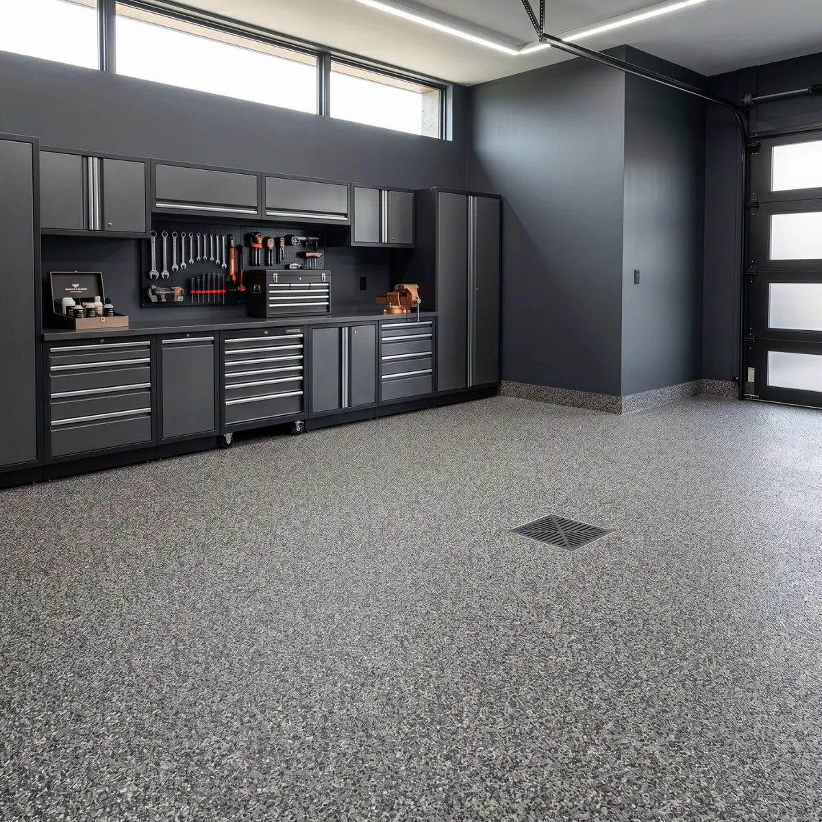 Salt and Pepper vinyl chip flake floor with black white and gray chip broadcast over medium gray epoxy base coat — full broadcast coverage