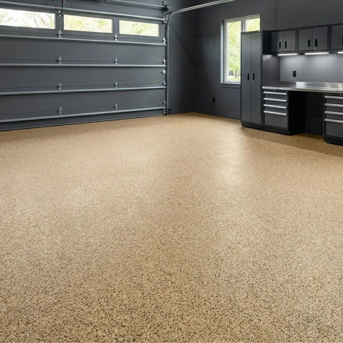 Sepia tan and brown vinyl chip flake floor with warm chip broadcast over champagne tinted epoxy base coat