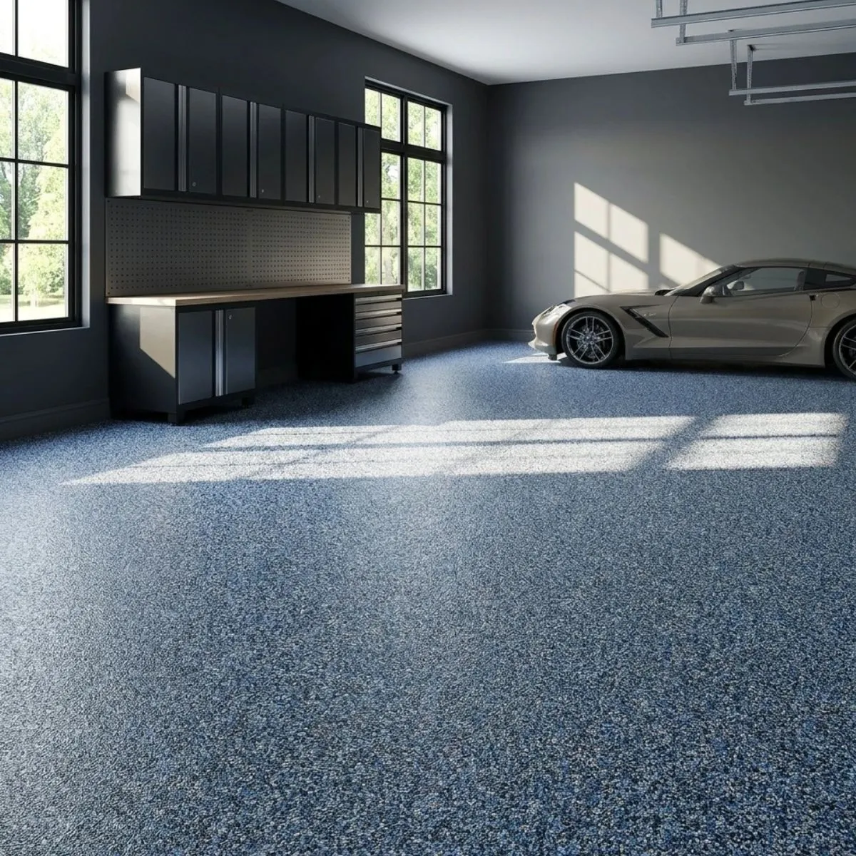 Surf blue and white vinyl chip flake floor with full broadcast over white tinted base coat and AU 85 urethane top coat