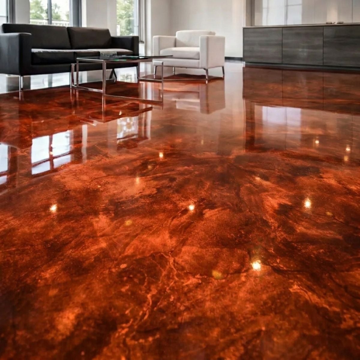 Copper metallic epoxy floor coating with warm bronze and orange flowing pigment pattern