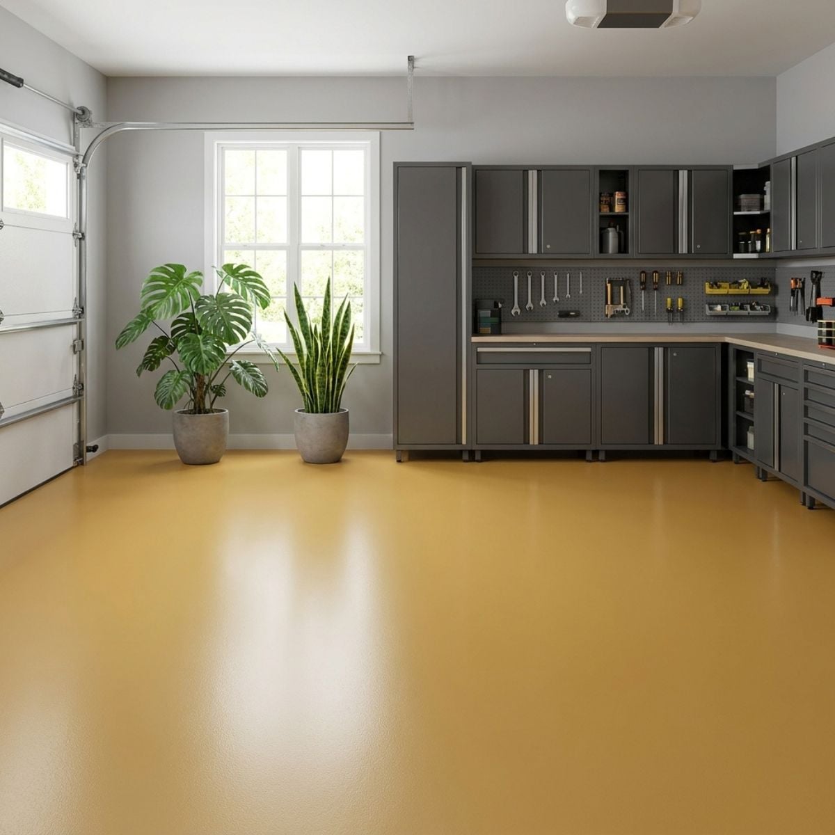 Coronado warm tan solid color epoxy floor coating with smooth polyaspartic finish on garage concrete