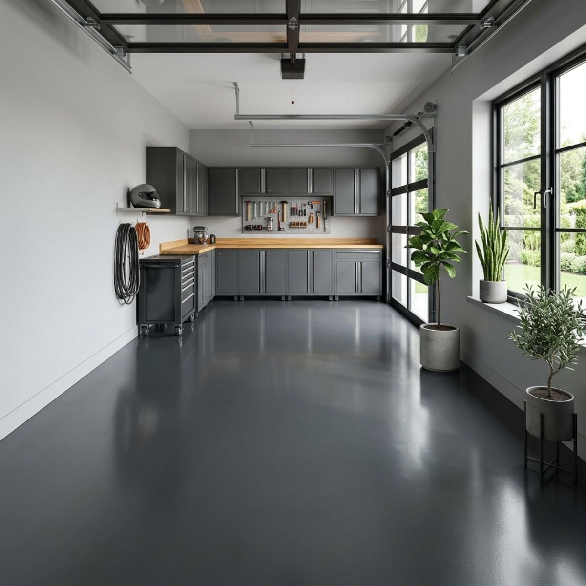 Dark Gray solid color polyaspartic floor coating in a garage — deep charcoal finish with high gloss sheen