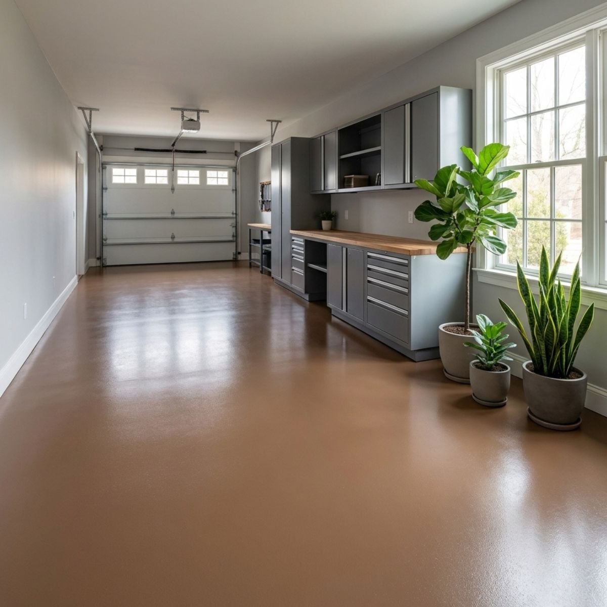 Dark Walnut brown solid color epoxy floor coating with warm brown polyaspartic finish on concrete