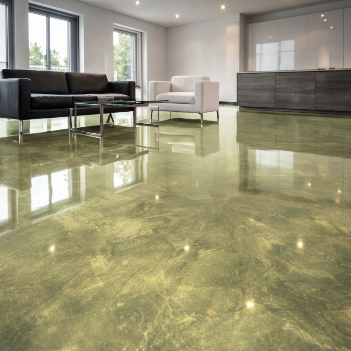 Egyptian Gold metallic epoxy flooring with deep gold and amber swirl effect on concrete