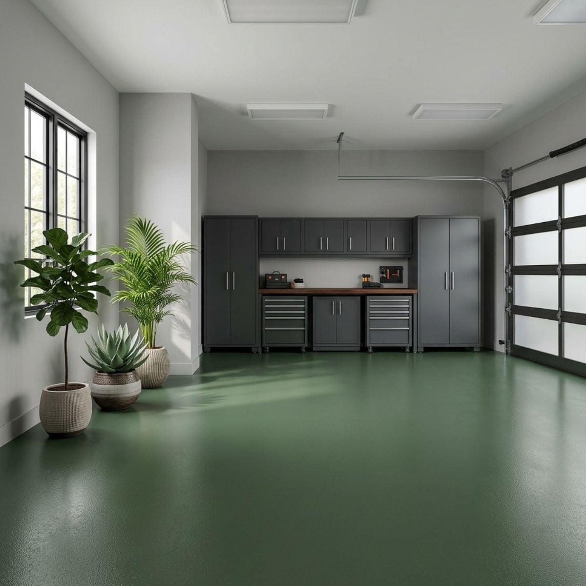 Emerald green solid color polyaspartic floor coating — bold saturated color on a concrete garage floor