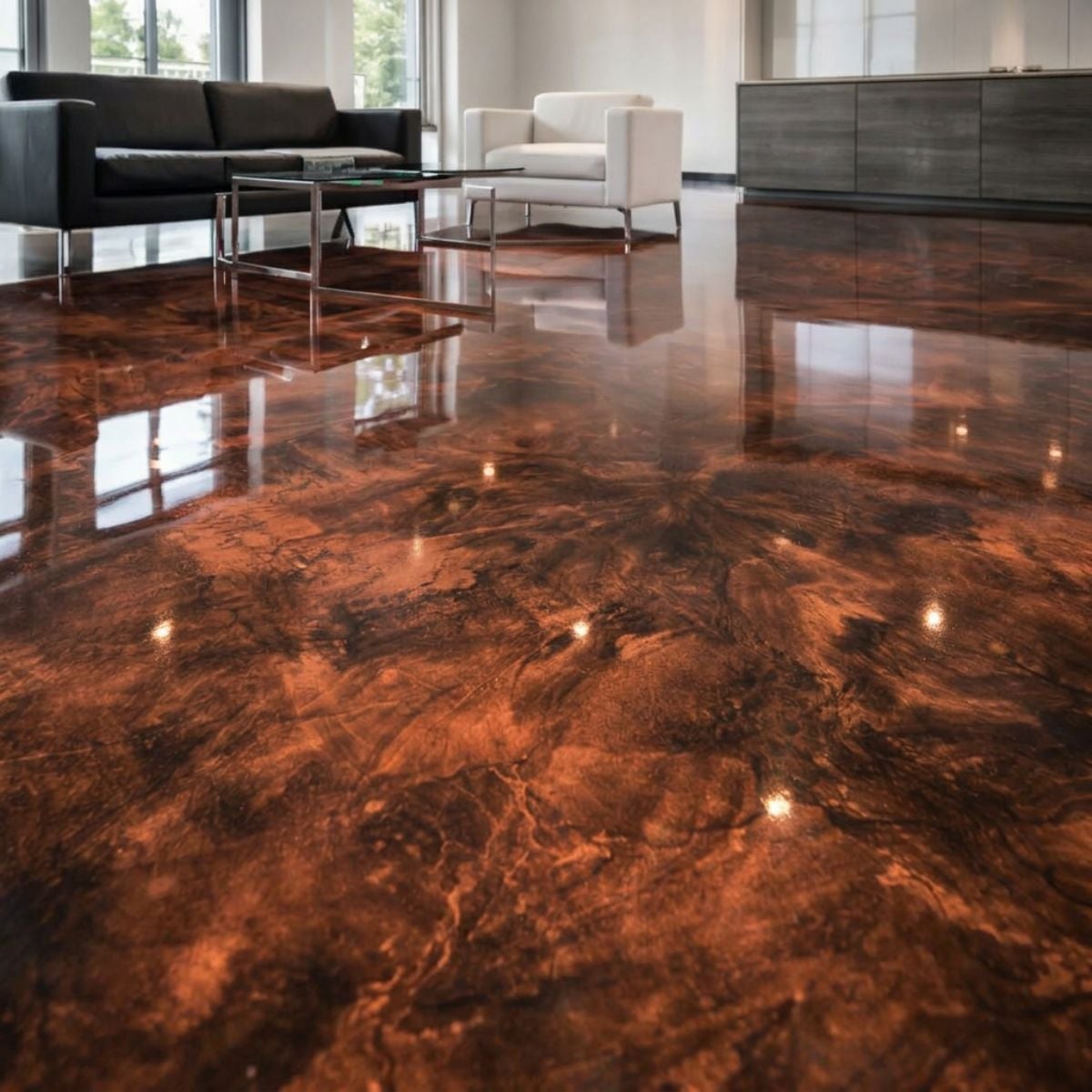 Espresso brown metallic epoxy garage floor with dark walnut tinted primer and rich flowing finish