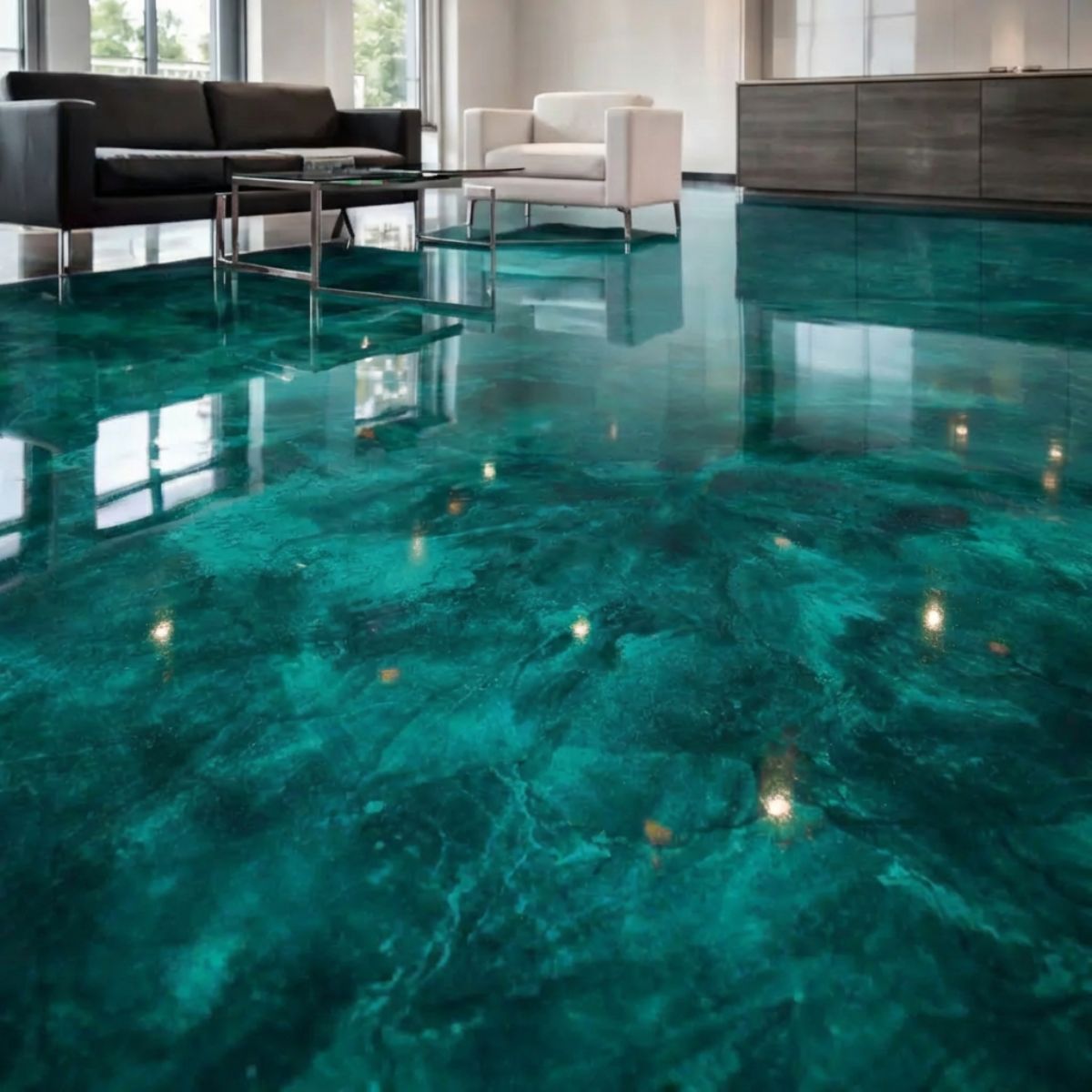Green Shimmer metallic epoxy floor with emerald and sage iridescent pigment swirl pattern