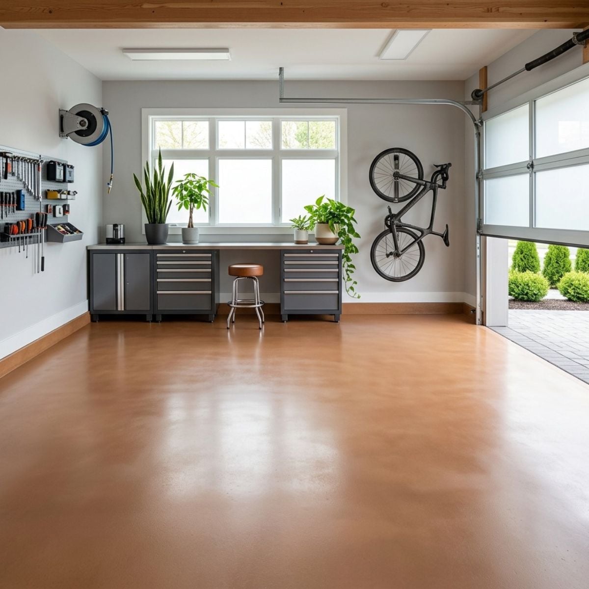 Hazelnut warm brown solid color epoxy floor coating with smooth polyaspartic finish for workshop or garage