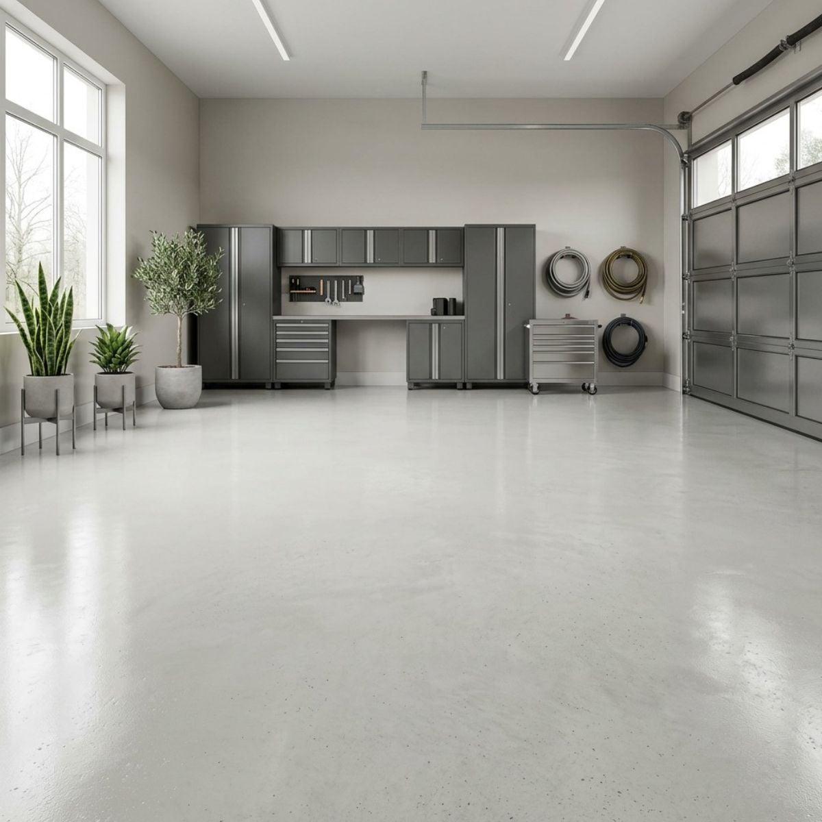 Light Gray solid color epoxy floor coating with soft gray polyaspartic finish on concrete garage floor