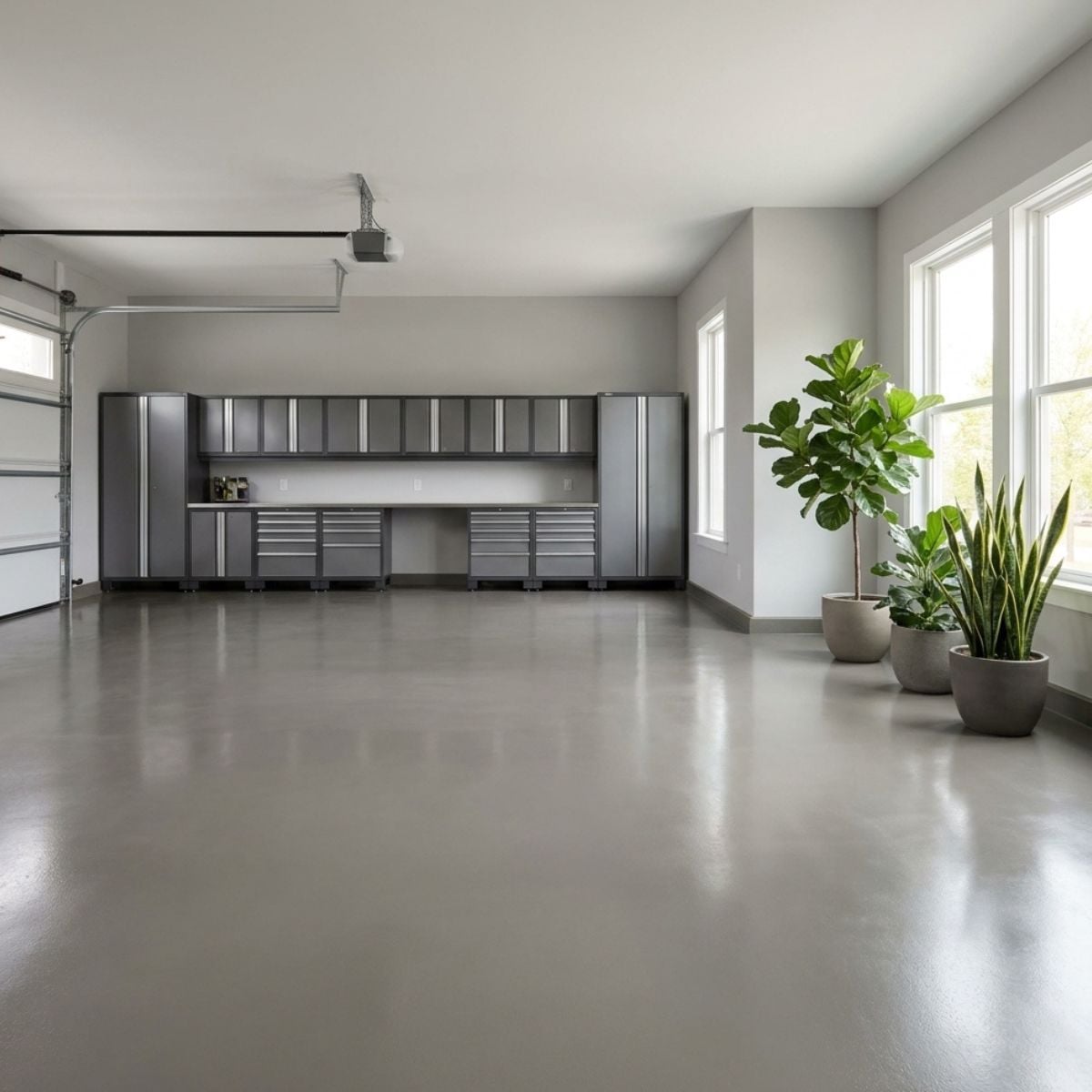 Medium Gray solid color epoxy floor coating with neutral gray polyaspartic finish for garage or utility room