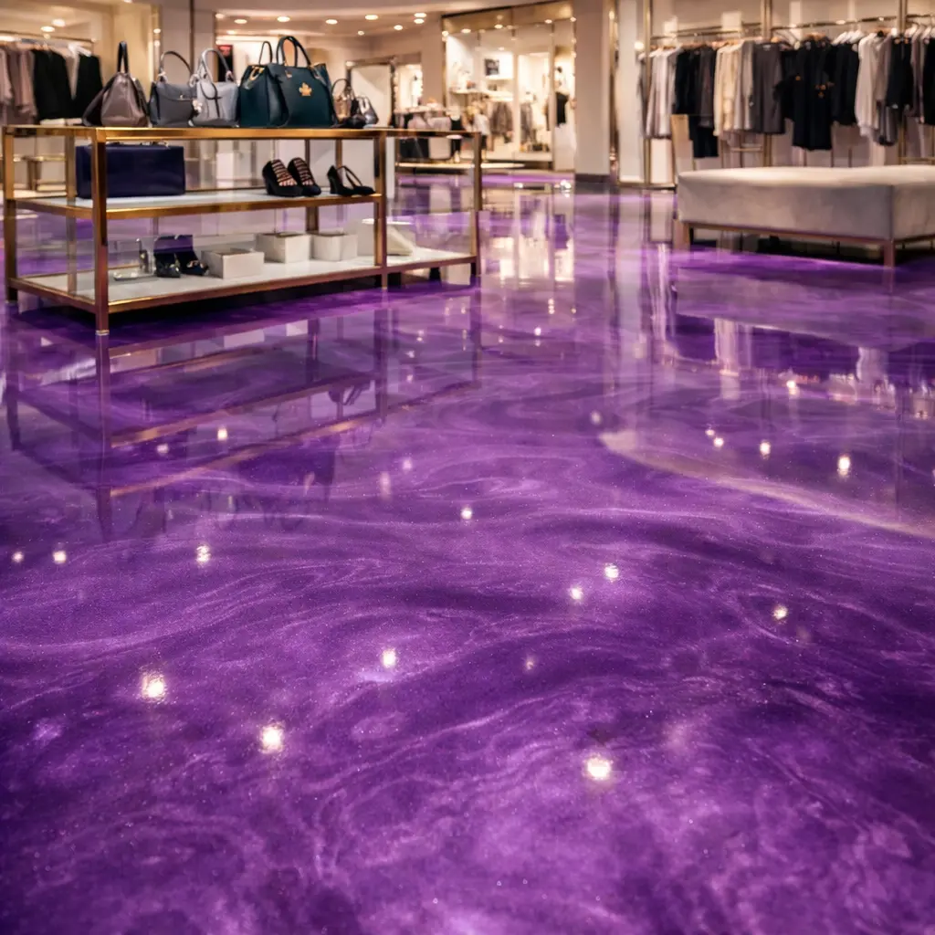 Plum Crazy purple metallic epoxy flooring with deep violet and black flowing pigment effect