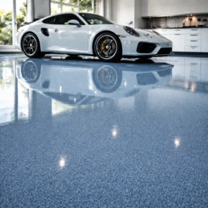 Polyaspartic Concrete Garage Floor Coating with Blue Quartz and textured surface