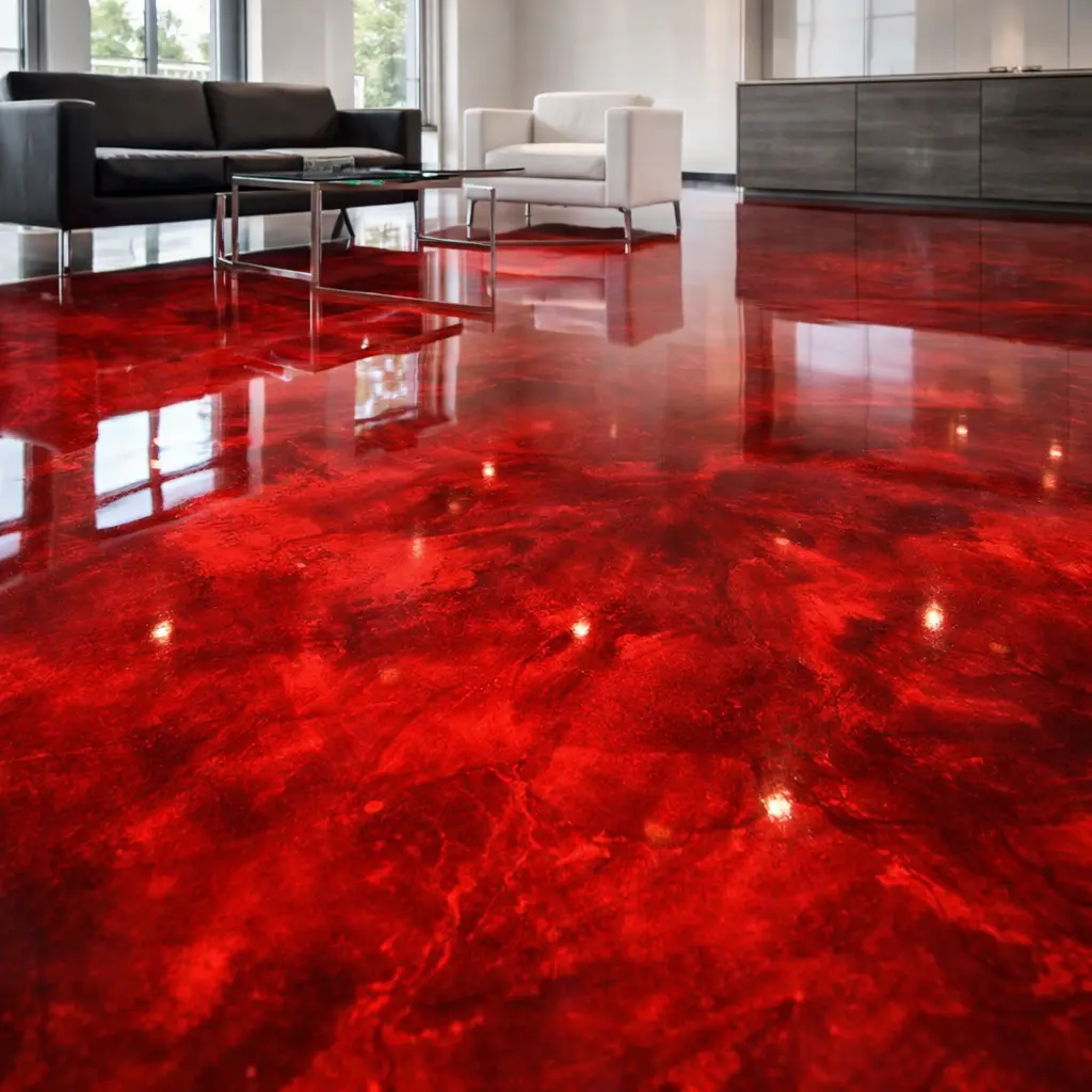 Ruby Red metallic epoxy garage floor with deep red and dark gray flowing metallic pigment effect