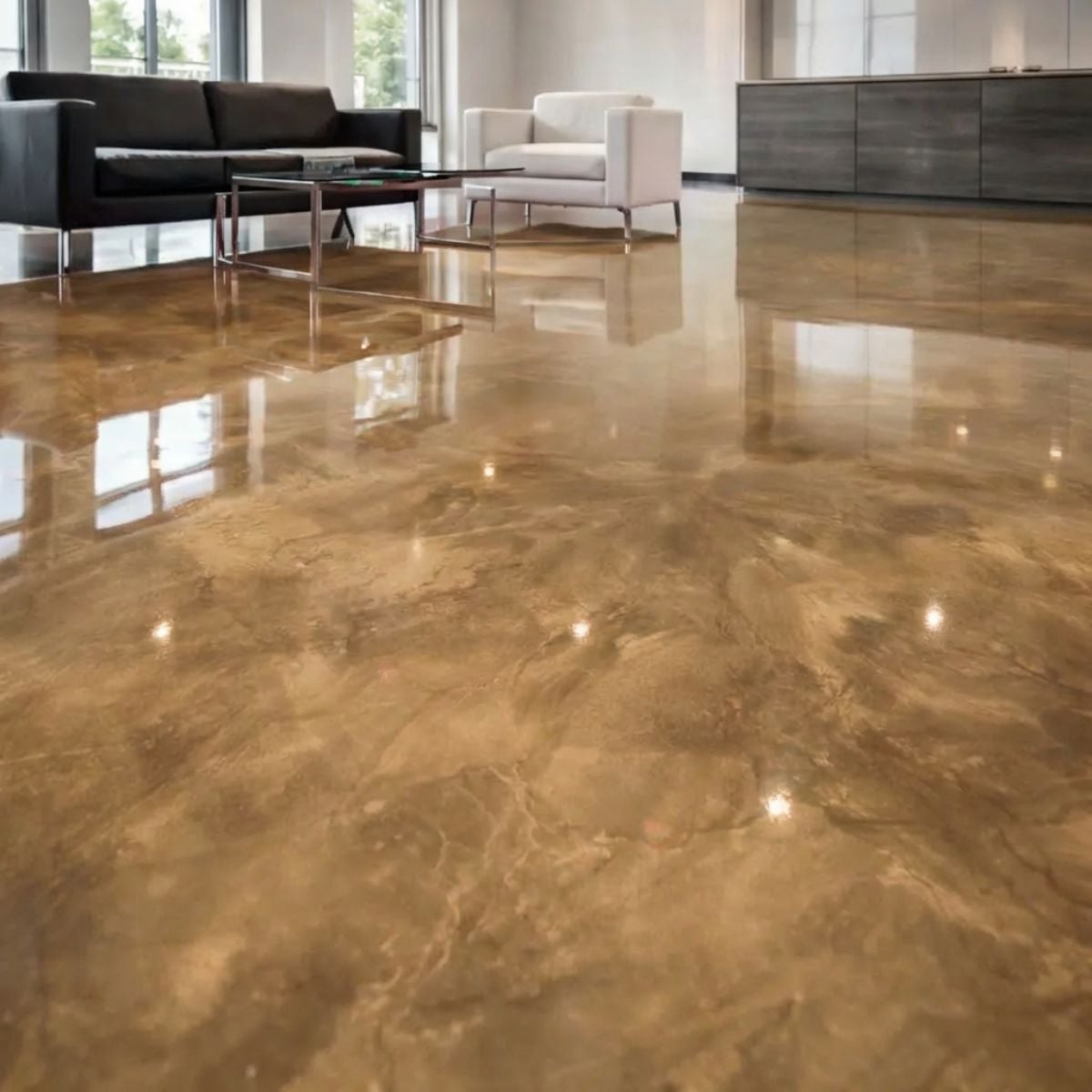 Roman Bronze metallic epoxy garage floor with antique bronze and dark swirl texture
