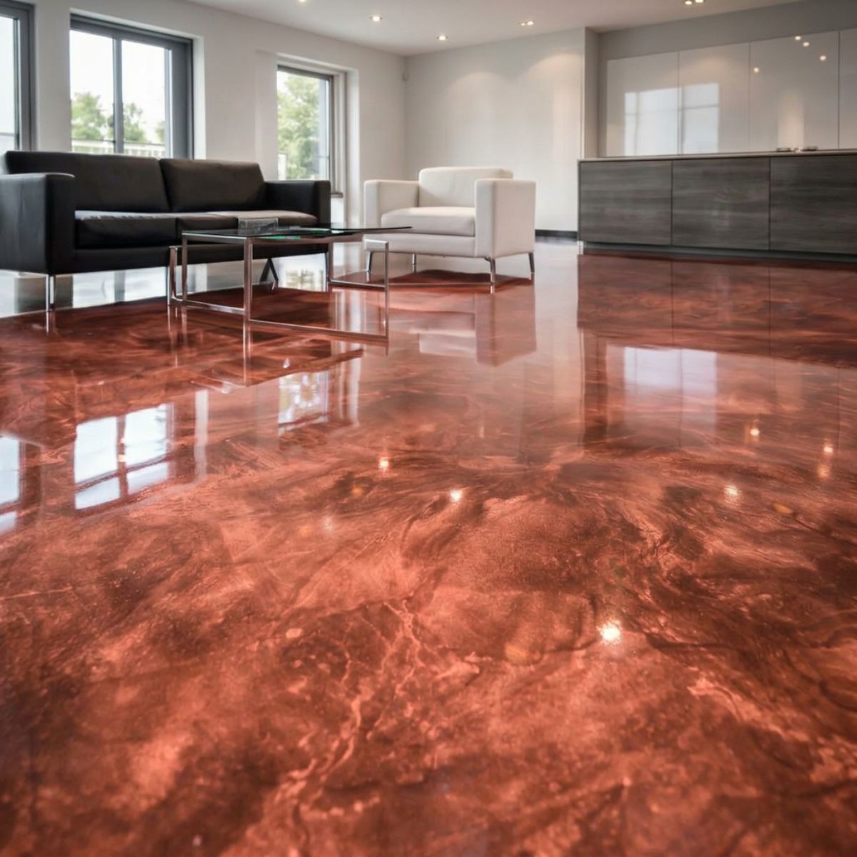 Rose Gold metallic epoxy floor with soft pink and gold iridescent pigment on white primer base