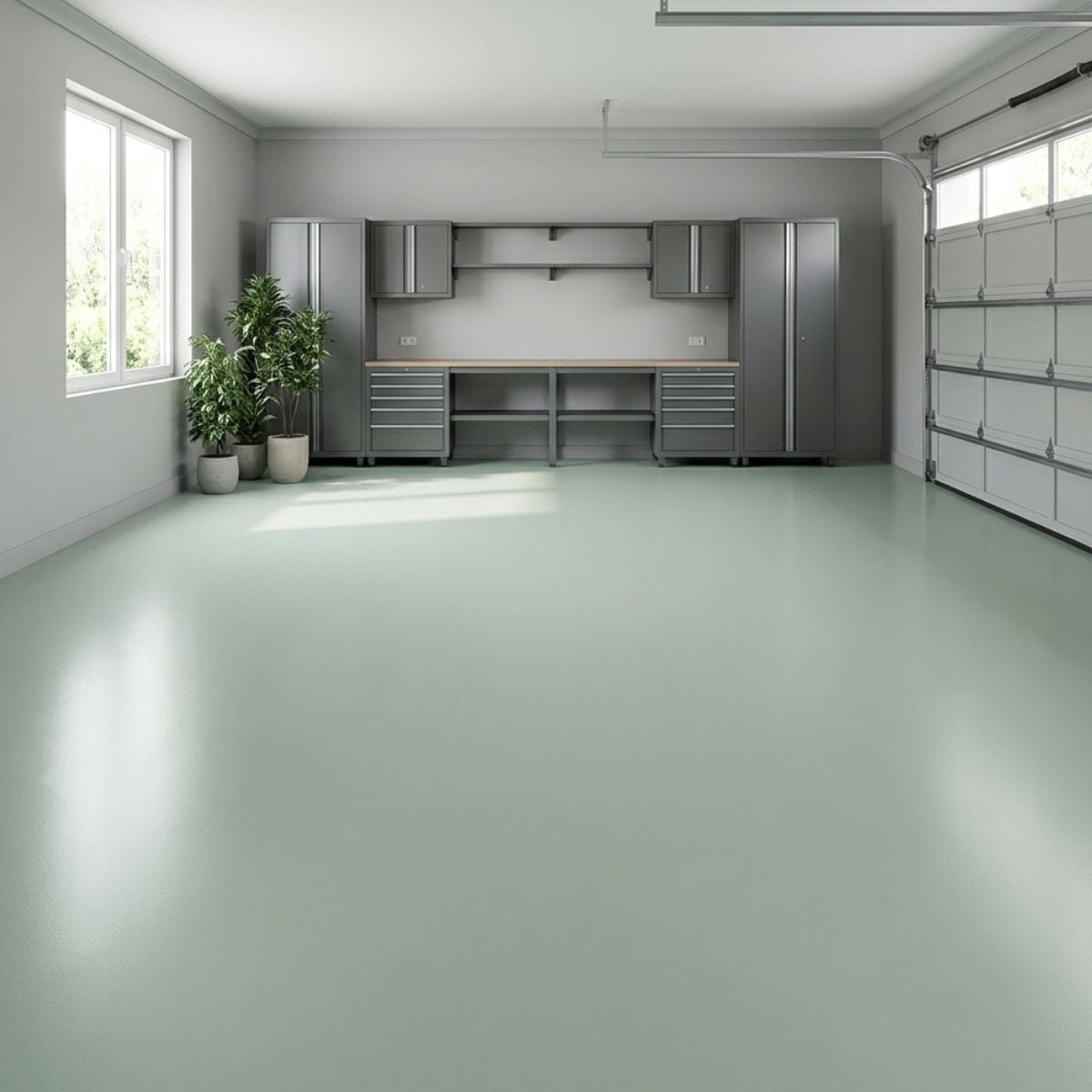 Sage Green solid color epoxy floor coating with muted green polyaspartic finish on concrete floor