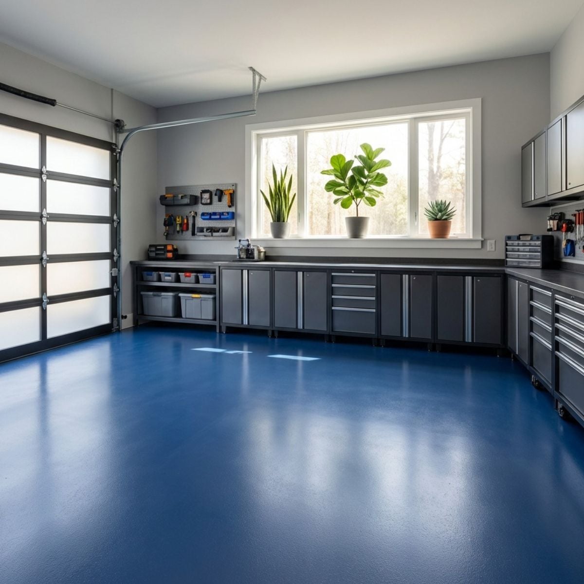 Sapphire Blue solid color epoxy floor coating with deep blue polyaspartic finish on garage concrete