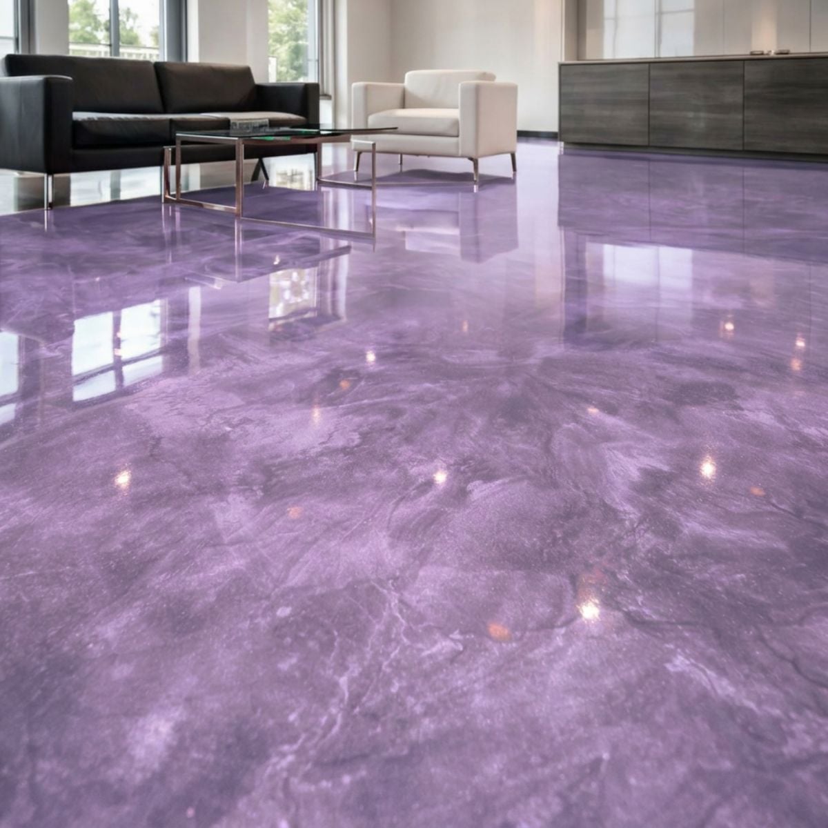 Silk Violet metallic epoxy floor with soft purple and lavender iridescent pigment on white base