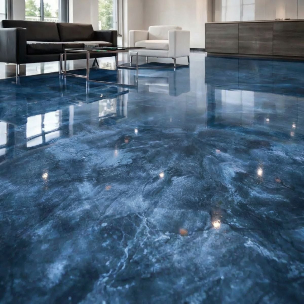 Silver Pearl metallic epoxy flooring with light gray primer base and pearl white swirling pigment finish