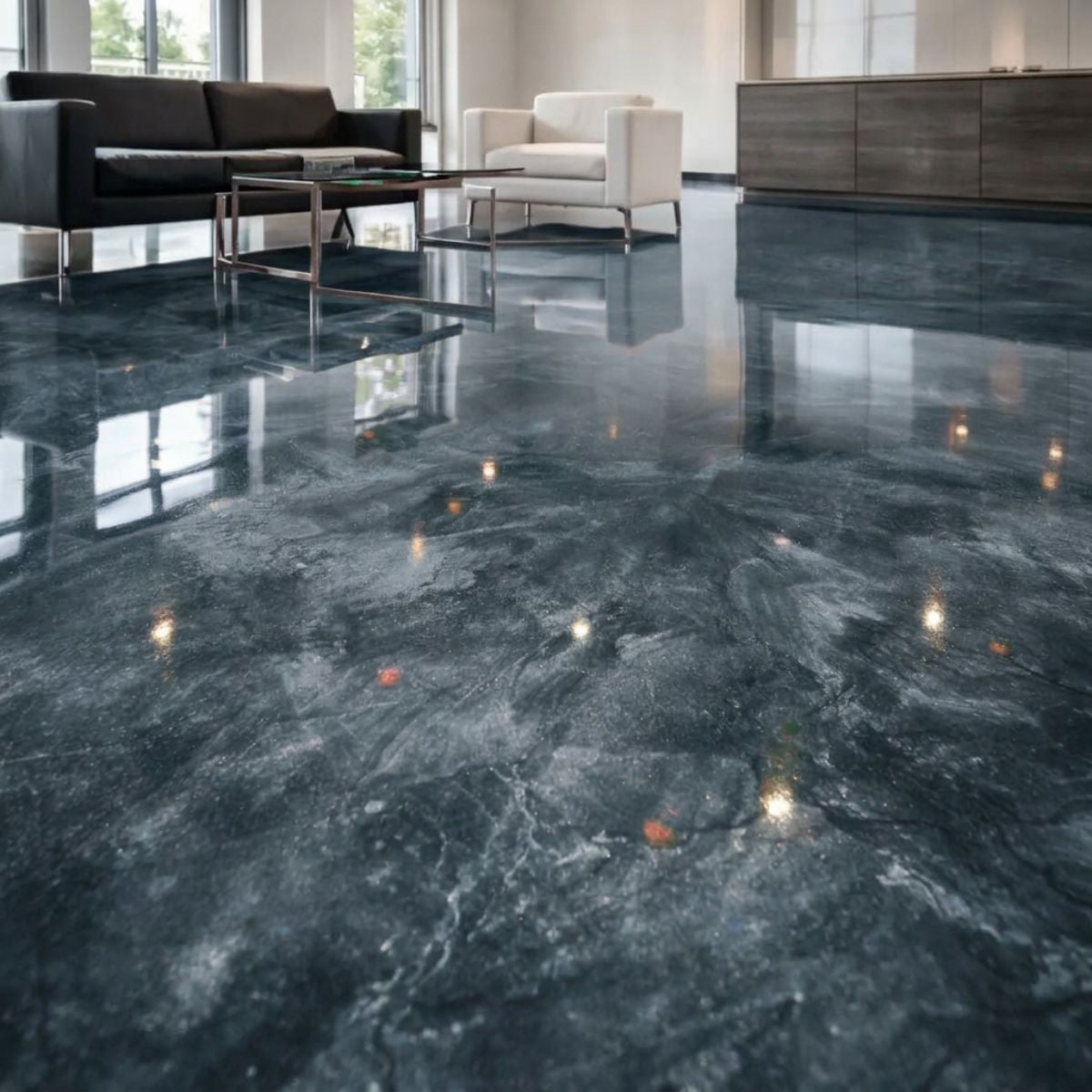 Sparkle metallic epoxy garage floor with glittering silver and gray high-gloss pigment effect