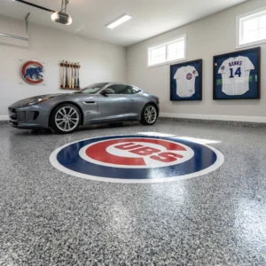 Concrete Garage Floor Coating with Colored Epoxy and Flakes with logo