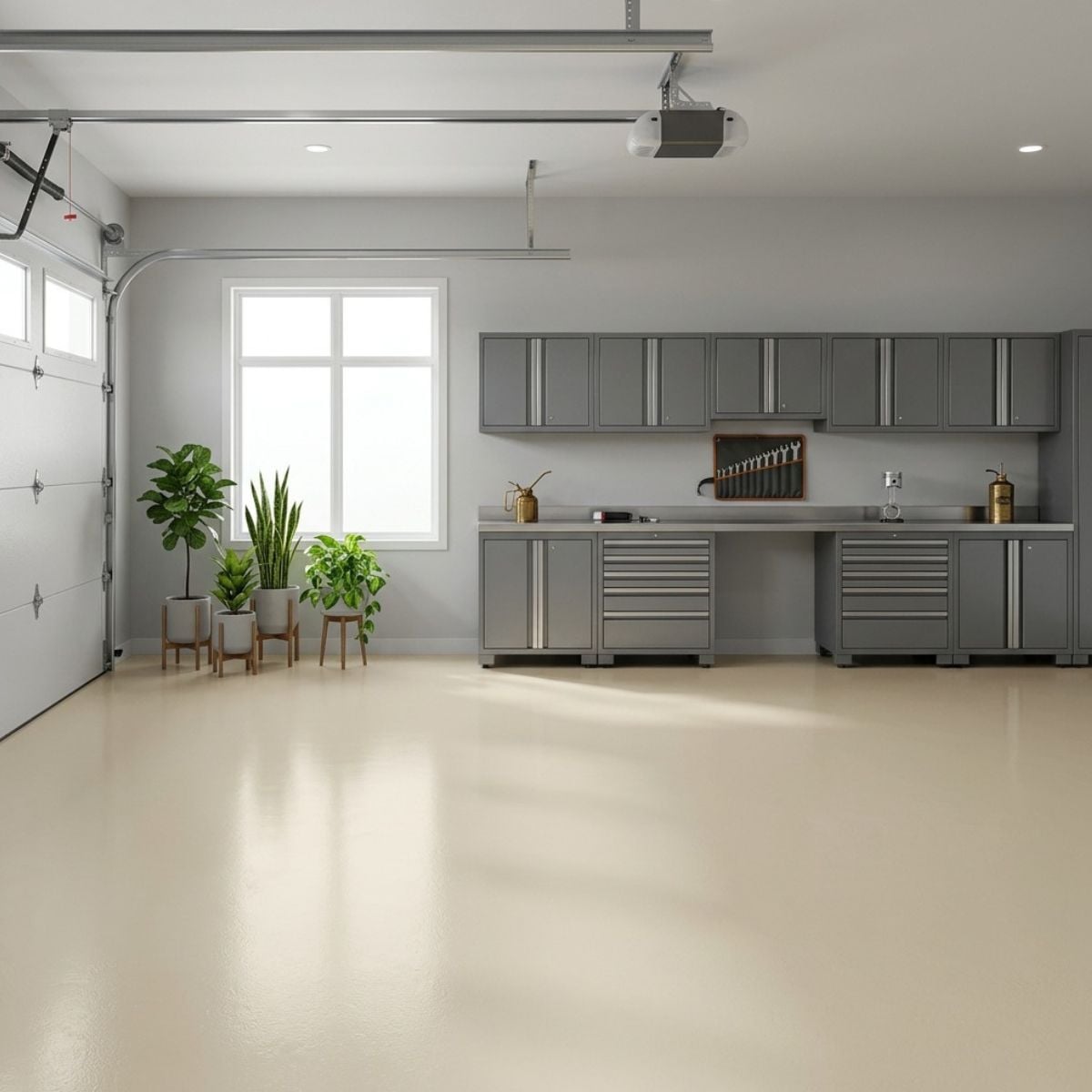 Whey off-white solid color epoxy floor coating with light cream polyaspartic finish on concrete garage floor