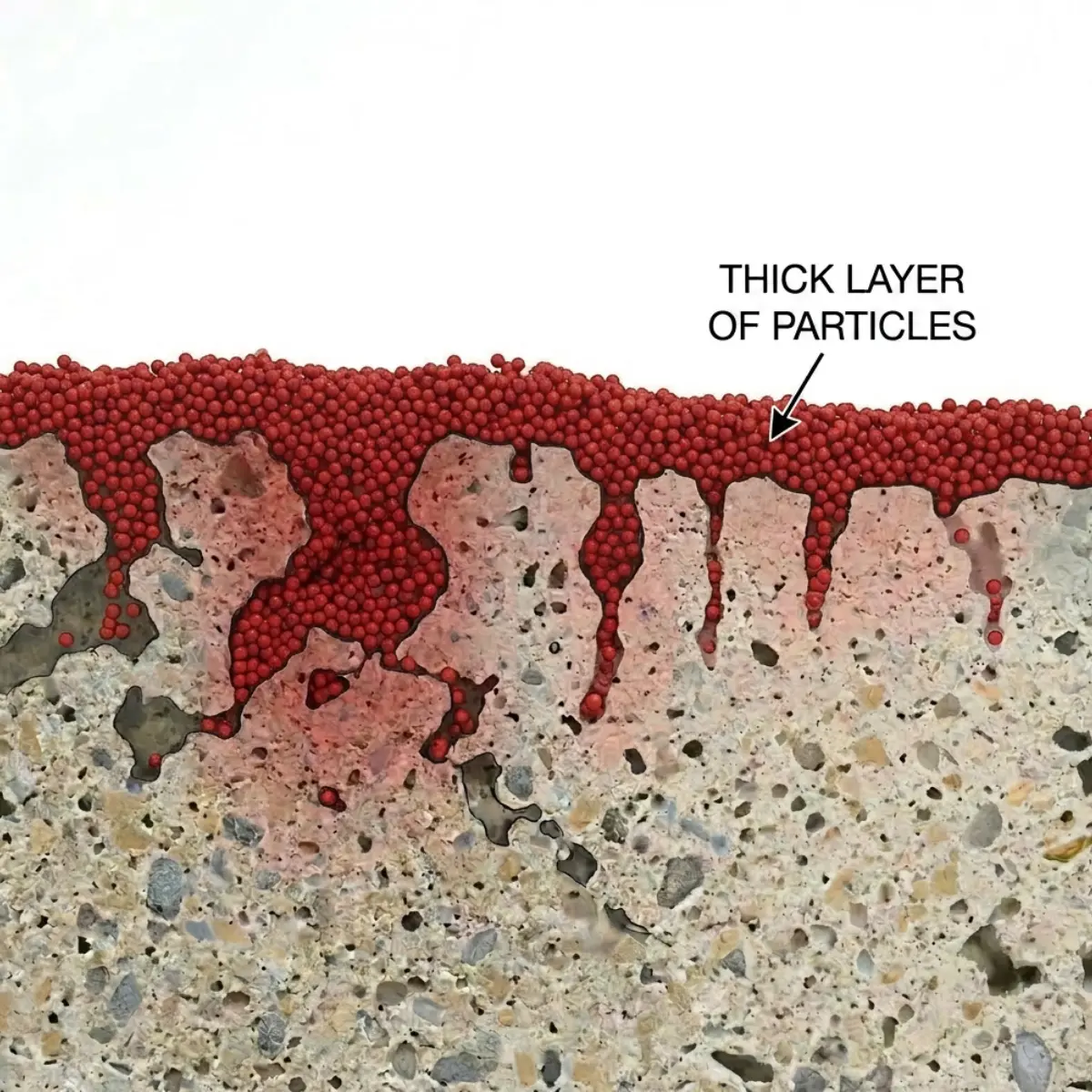 Graphic showing the risk of applying too much concrete stain to a concrete surface